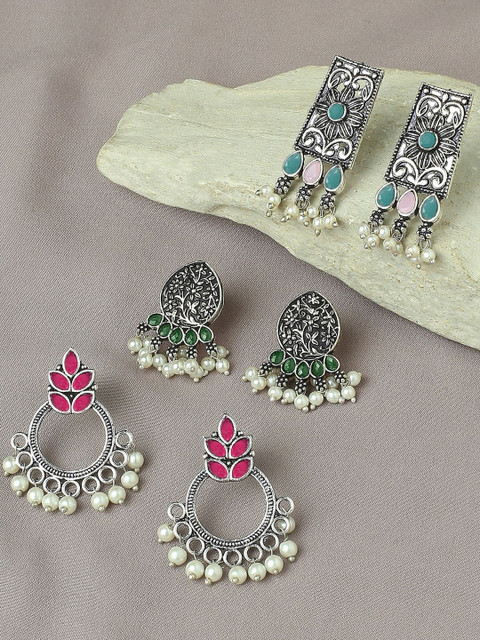 OOMPH Set Of 3 Stones Studded & Beads Beaded Oxidised Floral Drop Earrings