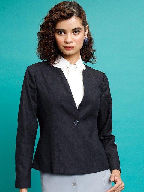 CHIC BY TOKYO TALKIES Navy Blue Collarless Single-Breasted Blazer