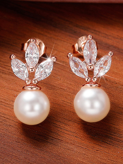 Designs & You Rose Gold-Plated American Diamond Floral Drop Earrings