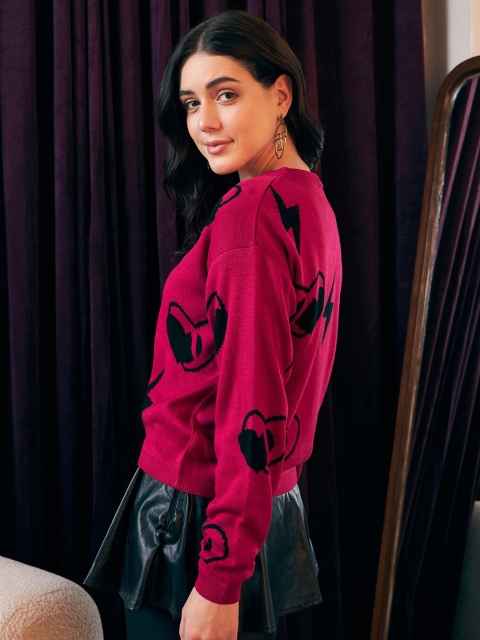 Berrylush Pink Graphic Printed Acrylic Pullover Sweater - Image 4