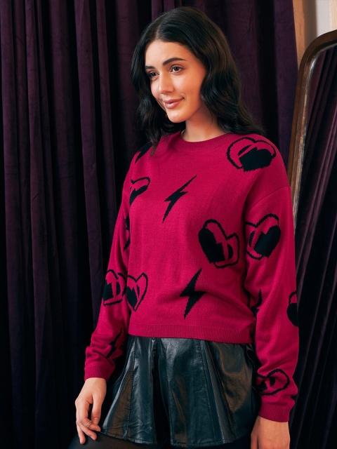 Berrylush Pink Graphic Printed Acrylic Pullover Sweater - Image 3