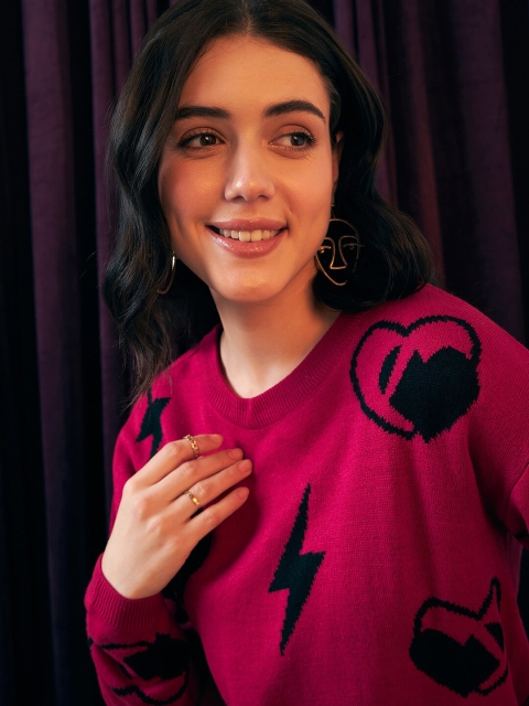 Berrylush Pink Graphic Printed Acrylic Pullover Sweater - Image 2