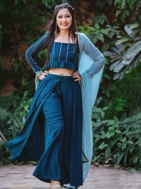 KALINI Striped Square Neck Ethnic Crop Top & Palazzo With Dupatta