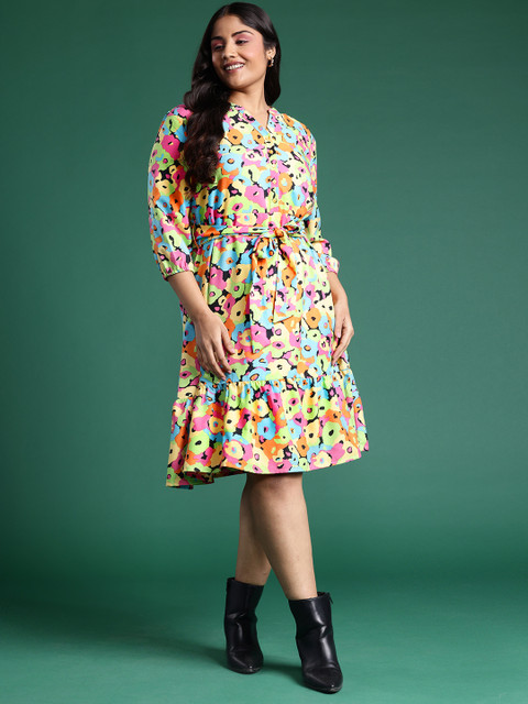 DressBerry Curve Plus Size Floral Print A-Line Dress with Belt - Image 3