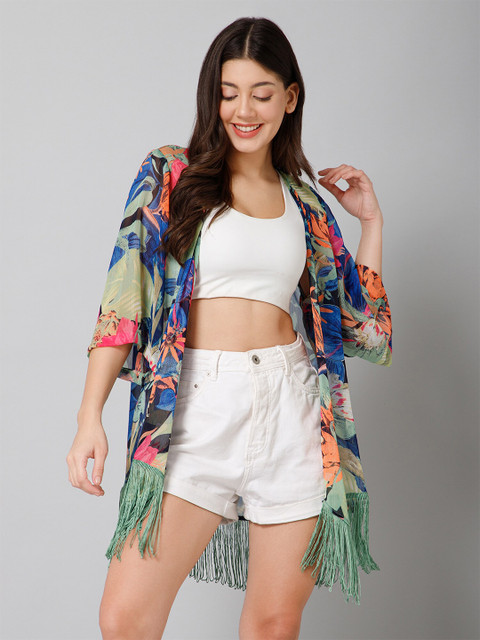 PURYS Tropical Printed Tasselled Longline Shrug
