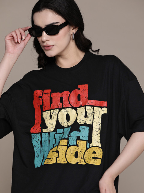 The Roadster Lifestyle Co. Typography Printed Drop-Shoulder Sleeves Oversized T-shirt