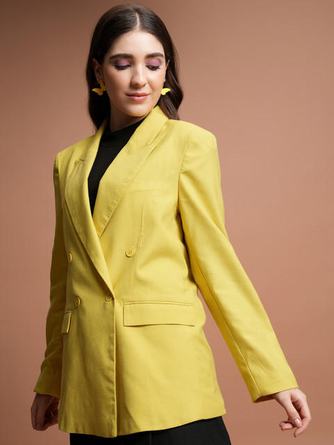 CHIC BY TOKYO TALKIES Yellow Notched Lapel Long Sleeve Oversize Double-Breasted Blazer - Image 4