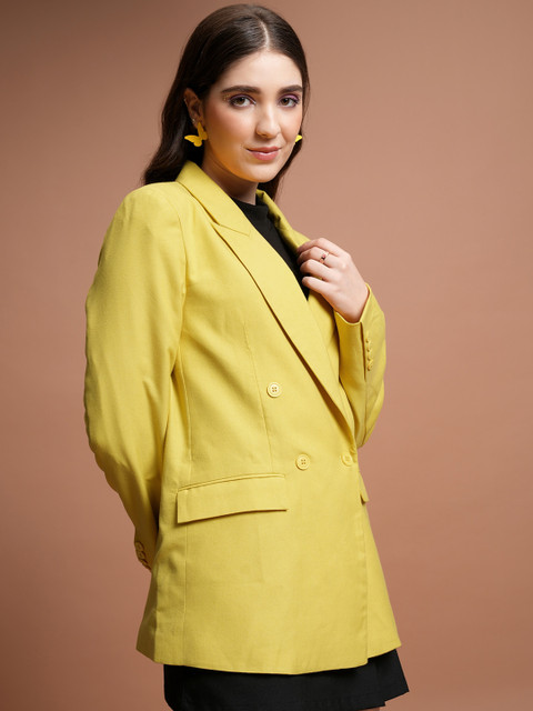CHIC BY TOKYO TALKIES Yellow Notched Lapel Long Sleeve Oversize Double-Breasted Blazer - Image 3