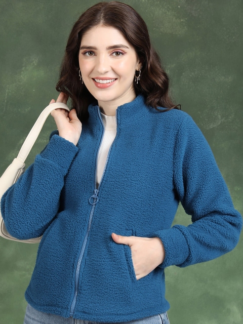 Tokyo Talkies Teal Mock Collar Faux Fur Trim Detail Bomber Jacket