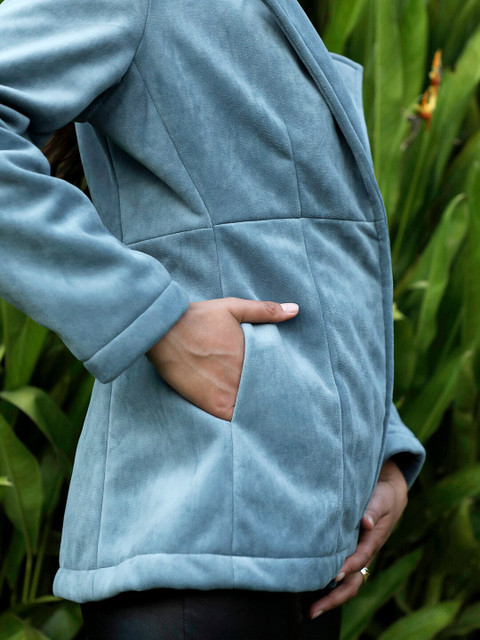 Campus Sutra Blue Notched Lapel Long Sleeves Open Front Blazer - Image 6