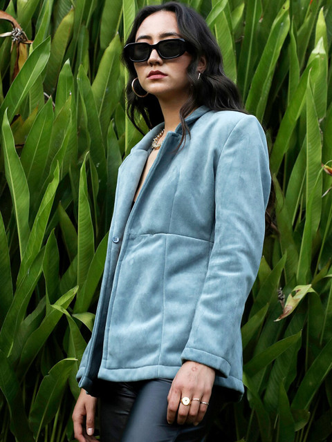 Campus Sutra Blue Notched Lapel Long Sleeves Open Front Blazer - Image 3