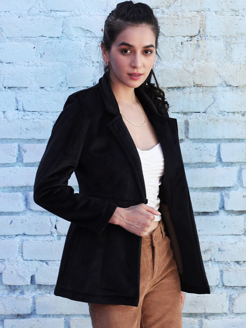 Campus Sutra Black Notched Lapel Long Sleeves Open Front Blazer