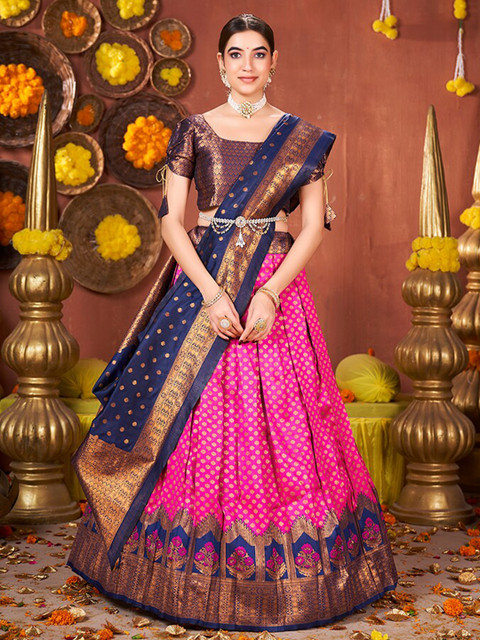 SHOPGARB Ethnic Motifs Woven Design Semi-Stitched Lehenga & Unstitched Blouse With Dupatta