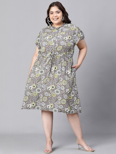 Oxolloxo Plus Size Floral Printed Tie-Up Neck Fit & Flare Dress - Image 4