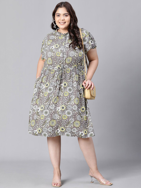 Oxolloxo Plus Size Floral Printed Tie-Up Neck Fit & Flare Dress