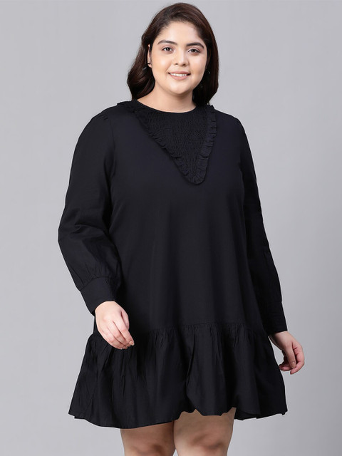 Oxolloxo Plus Size Round Neck Cuffed Sleeve Ruffled Cotton A-Line Dress