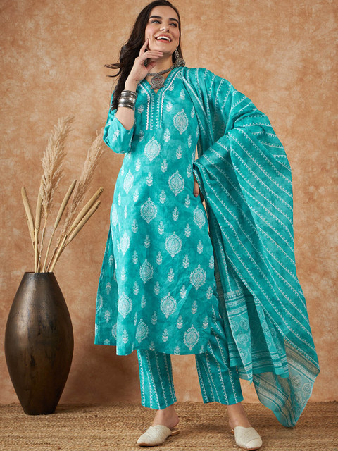 Sangria Ethnic Motifs Printed Pure Cotton Kurta With Trousers & Dupatta