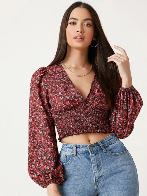 Stylecast X Slyck Floral Printed V-Neck Puff Sleeves Smocked Fitted Crop Top