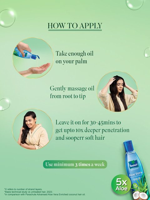 Parachute Set of 3 Aloe Vera Gold Enriched Coconut Hair Oil with 5x Aloe - 225 ml Each - Image 3