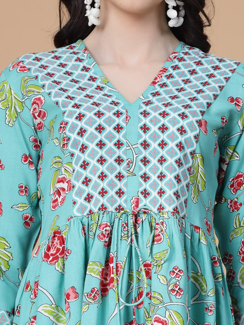 God Bless Floral Printed Puff Sleeves V-Neck Peplum Top - Image 2