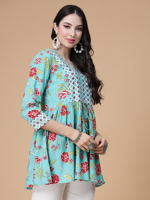 God Bless Floral Printed Puff Sleeves V-Neck Peplum Top - Image 3