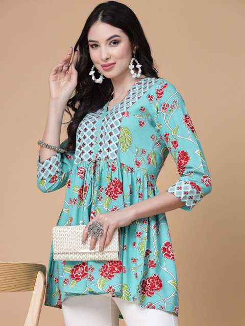 God Bless Floral Printed Puff Sleeves V-Neck Peplum Top - Image 6