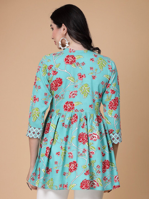 God Bless Floral Printed Puff Sleeves V-Neck Peplum Top - Image 4