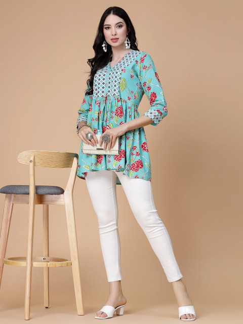 God Bless Floral Printed Puff Sleeves V-Neck Peplum Top - Image 5