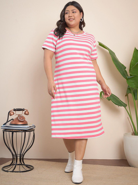 CURVY STREET Plus Size Striped Round Neck Short Sleeves T-shirt Midi Dress