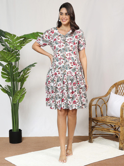 MomToBe Floral Printed V-Neck Maternity A-Line Midi Dress