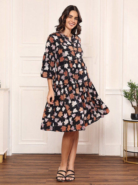 MomToBe Tropical Printed Boat Neck Bell Sleeves Fit & Flare Midi Maternity Dress