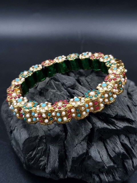 Anouk Turquoise Blue Gold Plated Pearl Studded Ethnic Rajasthani Bangles