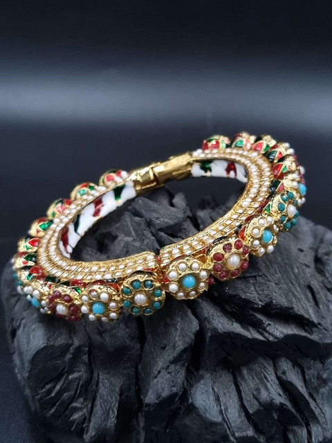 Anouk Turquoise Blue Gold Plated Pearl Studded Ethnic Rajasthani Bangles