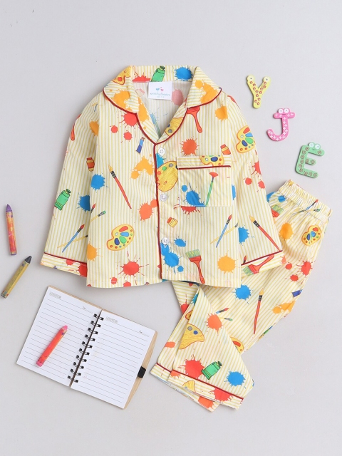 Knitting Doodles Kids Graphic Printed Lapel Collar Night Suits