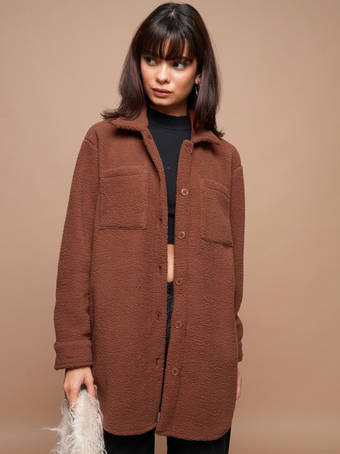Tokyo Talkies Brown Self Design Longline Tailored Jacket