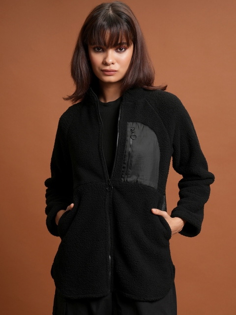 Tokyo Talkies Mock Collar Faux Fur Trim Open Front Jacket