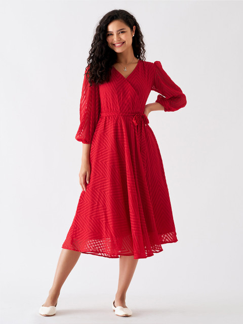 AASK Geometric Self Design Tie Ups Wrap Dress