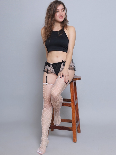 COLOR STYLE Self Design Lace Garter Belt and Sheer Stockings Lingerie Set with panty - Image 6