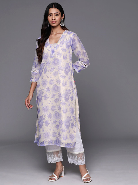 Varanga Women Lilac Floral Printed Plunge Neck Lace Detailed Kurta - Image 3