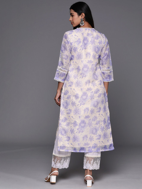 Varanga Women Lilac Floral Printed Plunge Neck Lace Detailed Kurta - Image 5