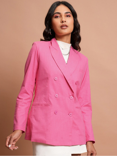 CHIC BY TOKYO TALKIES Pink Notched Lapel Collar Double-Breasted Blazer