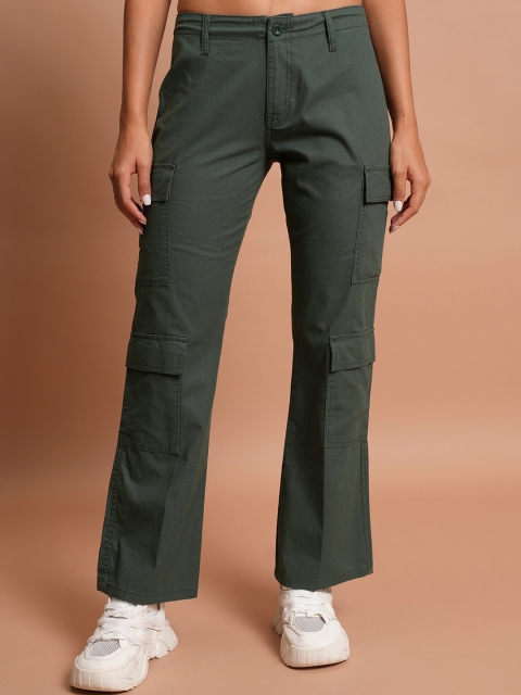 Tokyo Talkies Green Straight Fit High Rise Cotton Cargos Trousers