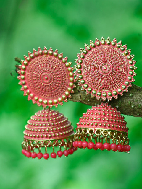 MEENAZ Gold-Plated Dome Shaped Beaded Jhumkas