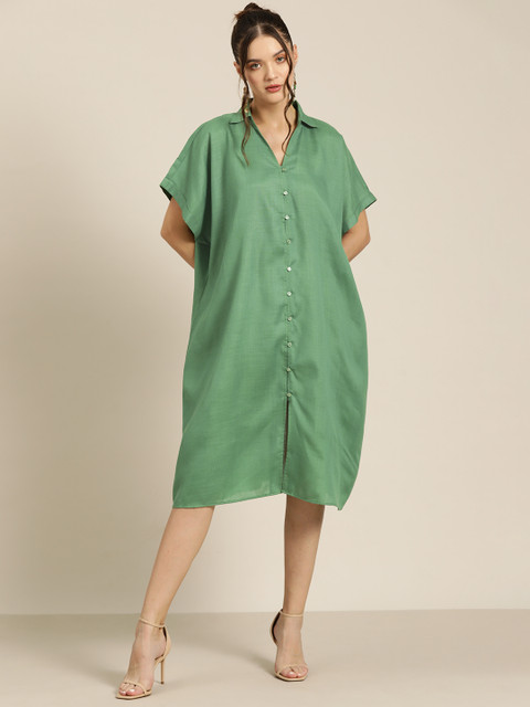 Qurvii Women Solid Cotton slub Oversized Kimono Sleeve Shirt dress