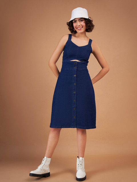 SASSAFRAS Navy Blue Cut-Out Detailed Denim A-Line Dress