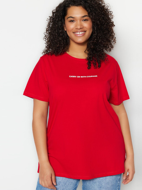 Trendyol Plus Size Typography Printed Pure Cotton T-Shirt
