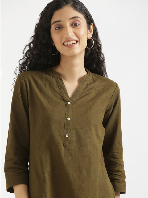 SAADAA Mandarin Collar Cotton Linen Straight Kurti - Image 2