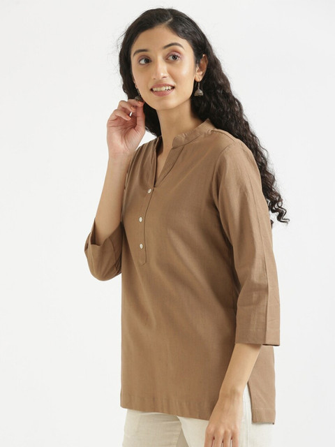 SAADAA Mandarin Collar Linen Straight Kurti - Image 3