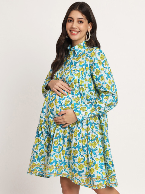 angloindu Floral Printed Pure Cotton Maternity Shirt Style Dress - Image 4