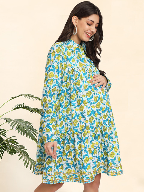 angloindu Floral Printed Pure Cotton Maternity Shirt Style Dress - Image 3